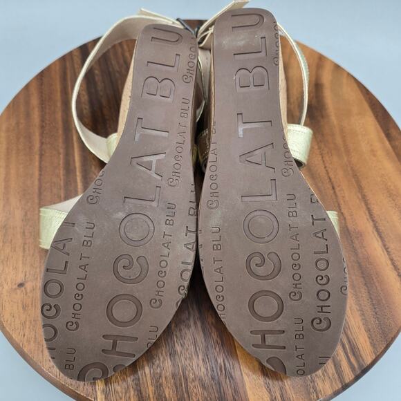 Chocolat Blue Yona Sandals Womens 9.5 Gold Leather Wedge Platform Buckle Straps - Picture 7 of 8